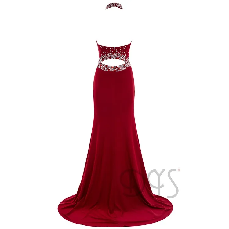 2018 Sexy Heavy Beaded Halter Open Leg Split Long Red Prom Dress For 8146