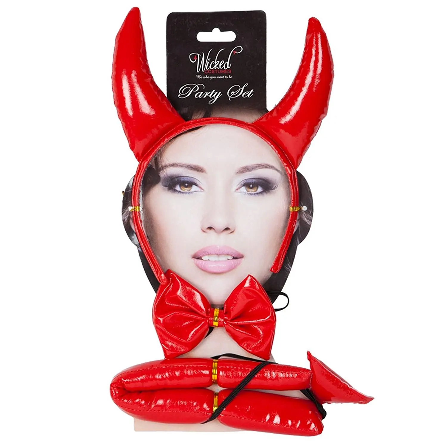 Red Furry Devil Set Horns Bowtie Tail Headband Fancy Dress Halloween Party