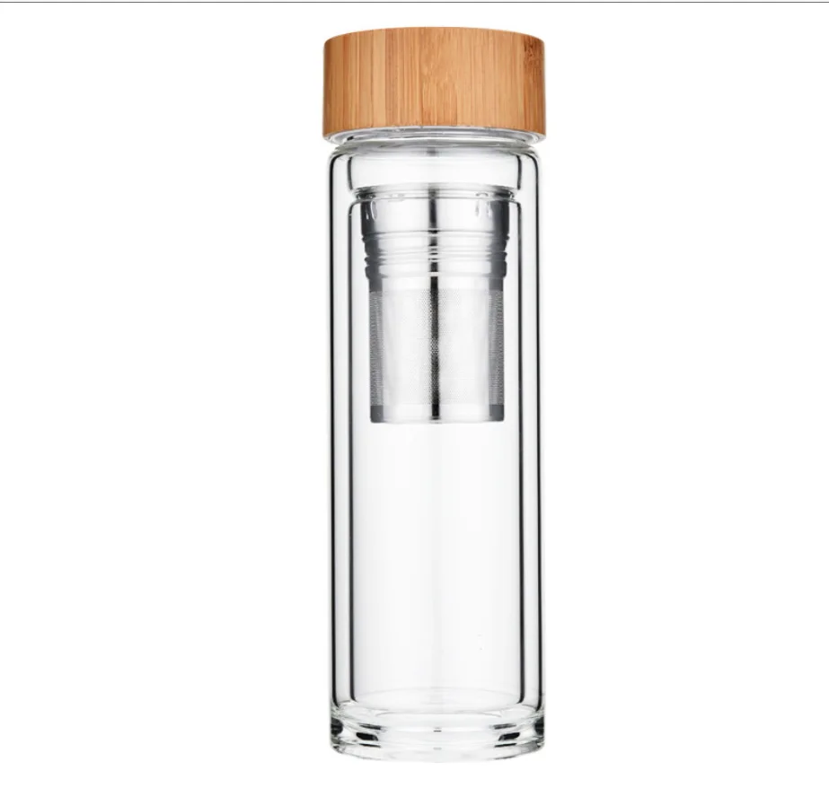 Bamboo Lid Double Wall Glass Water Bottle With Filter Buy Bamboo Lid