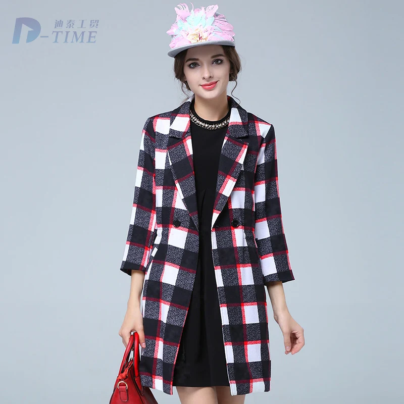 ON SALE 2015 plus size women plaid long coat three quarters sleeves A line trench coat