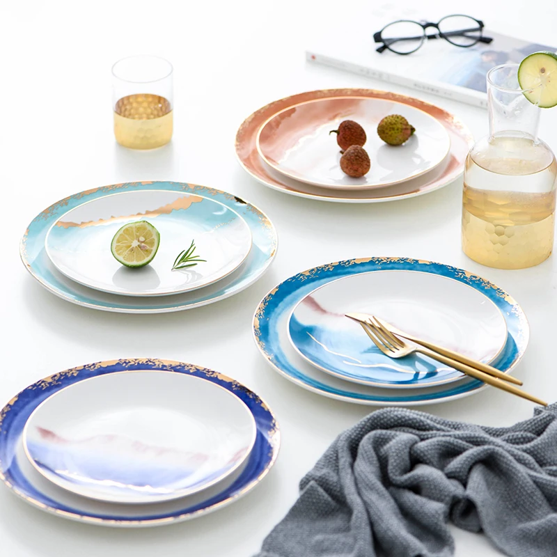 Blue color chinese ink painted cheap personalized 8 inch dinner  luxury plate