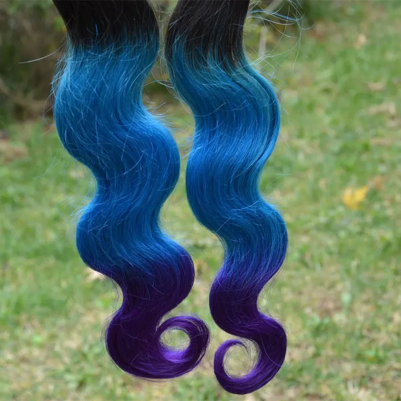 New Fashion Colored Three Tone Hair Weave 1b Blue Purple Ombre