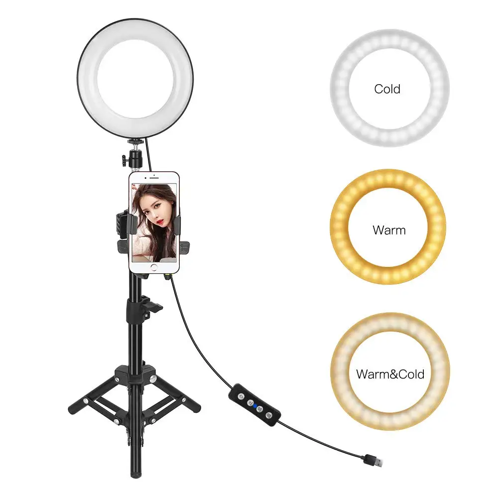 QFFL LED Ring Light Ring Lights with Tripod Stand and 2 Phone Holder Desktop LED Camera Beauty Ringlight USB Interface Power Supply for Live Stream 