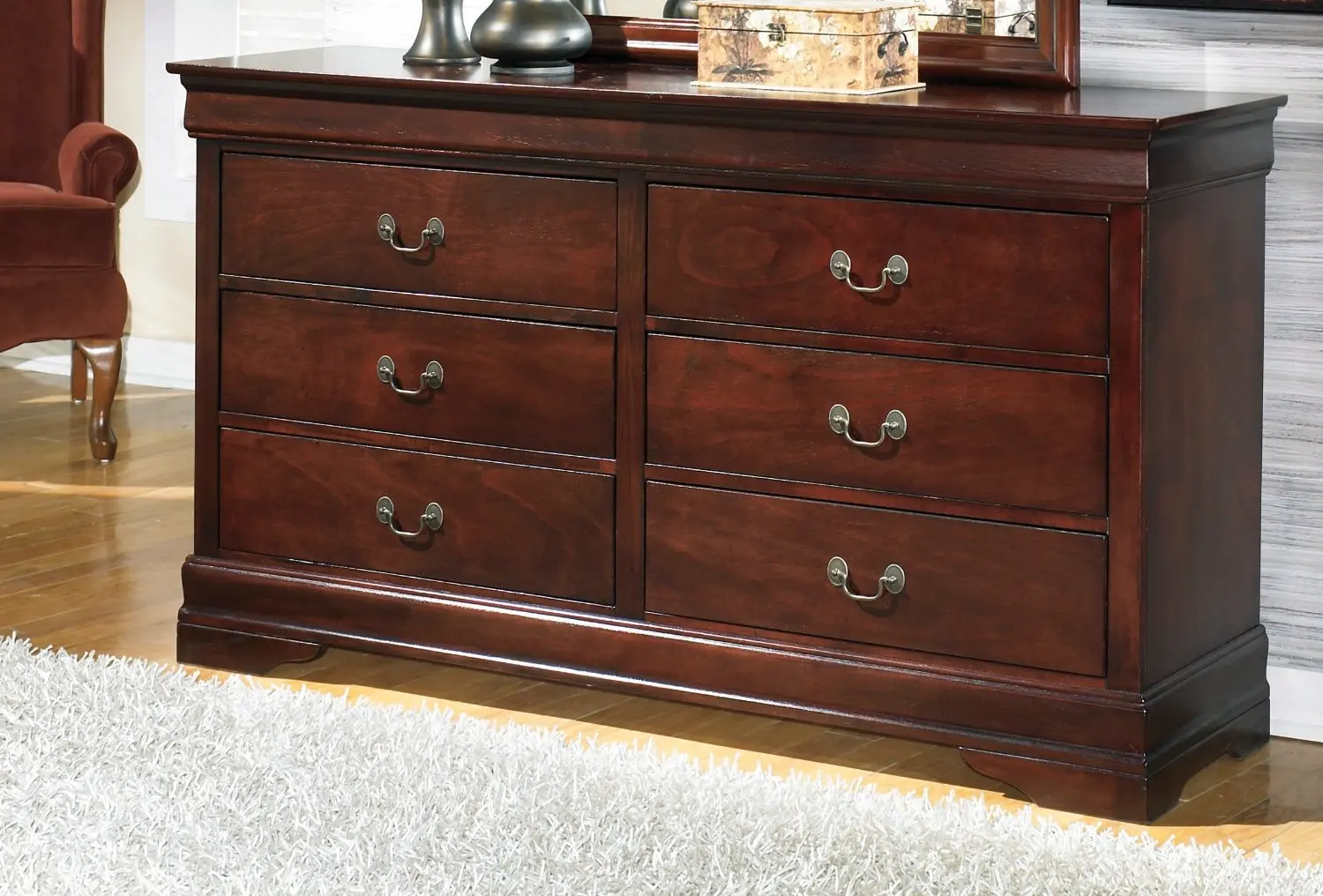 Alisdair B376-31 58"" 6-Drawer Dresser with Louis Philippe-Style Molding Antique Bronze Color Hardware and Made with Subtle Curves in Dark Brown