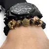 Luxury Men Micro Pave CZ Ball Double Crown Bracelet 8mm Matte Agate Tiger Eye Stone Beads Bangle