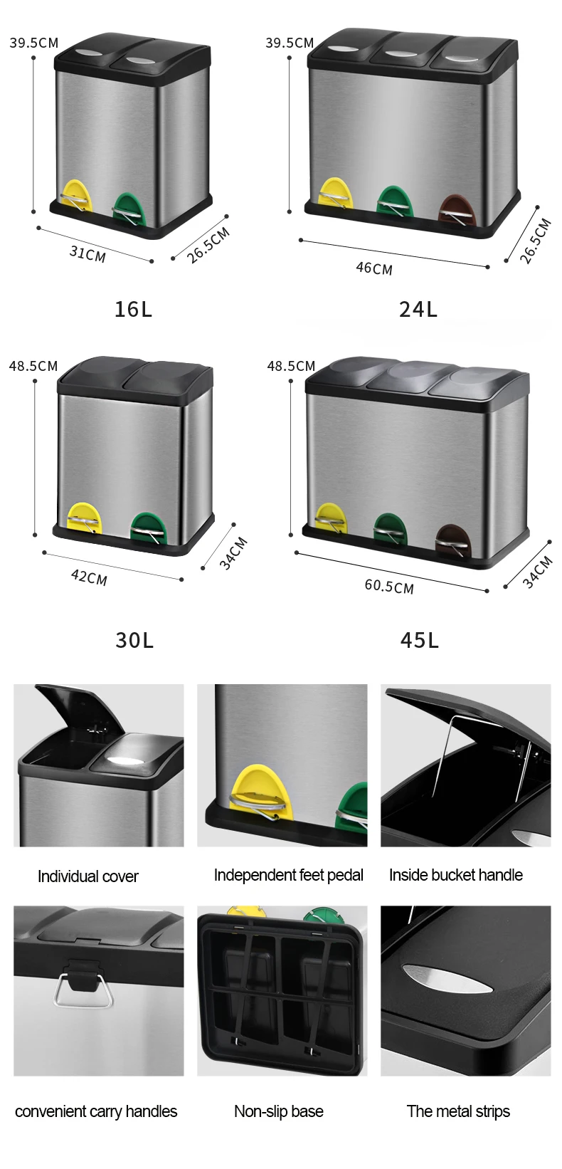 Hot Products 3 Compartment Recycle Bin Stainless Steel Kitchen Recycle