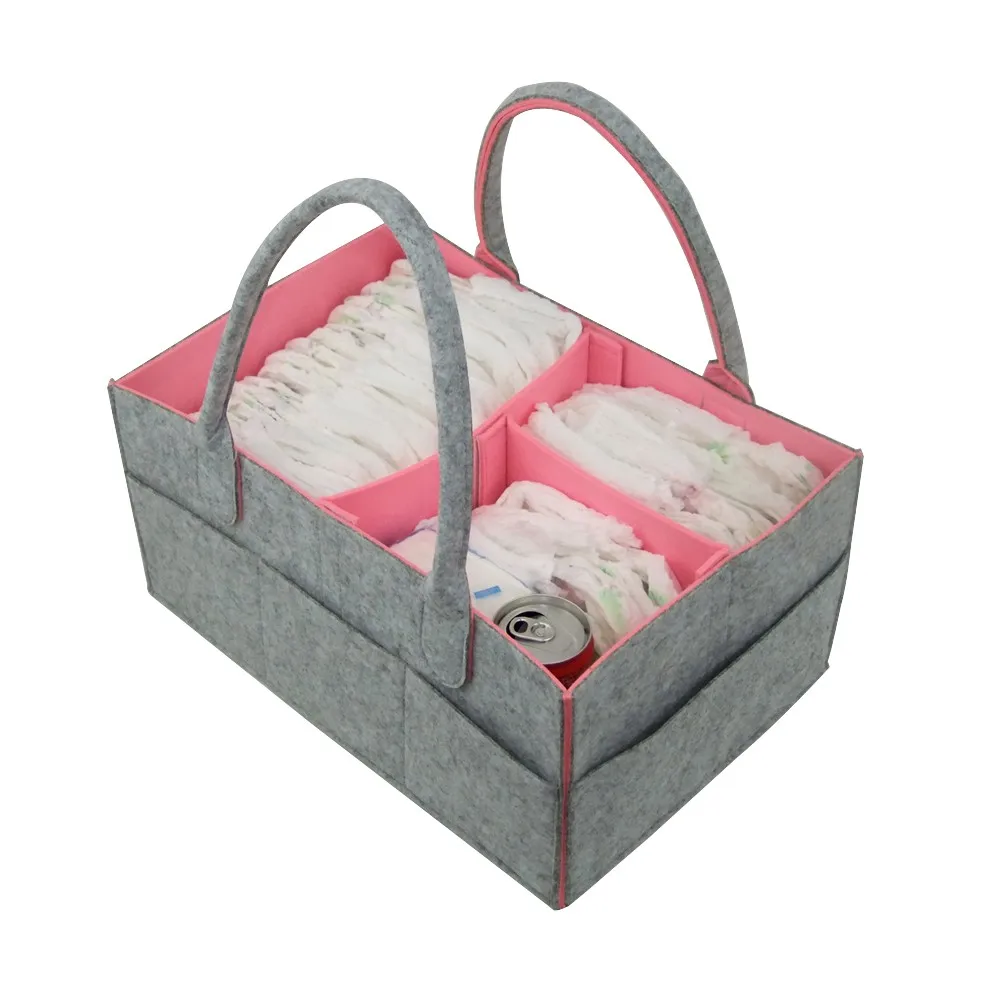 Wholesale Grey Felt Diaper Organizer Caddy With Pink Lining For Mommy