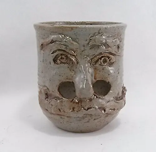 Aunt Chris' Pottery - Small Novelty Egg Yolk Separator - Hand Made - Potters Clay - Old Hermit Face Design - Gray With Black Speckles Finish