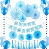 Boy birthday party decoration set blue baby bath products male paper fan balloon happy birthday banner paper tassel star garland
