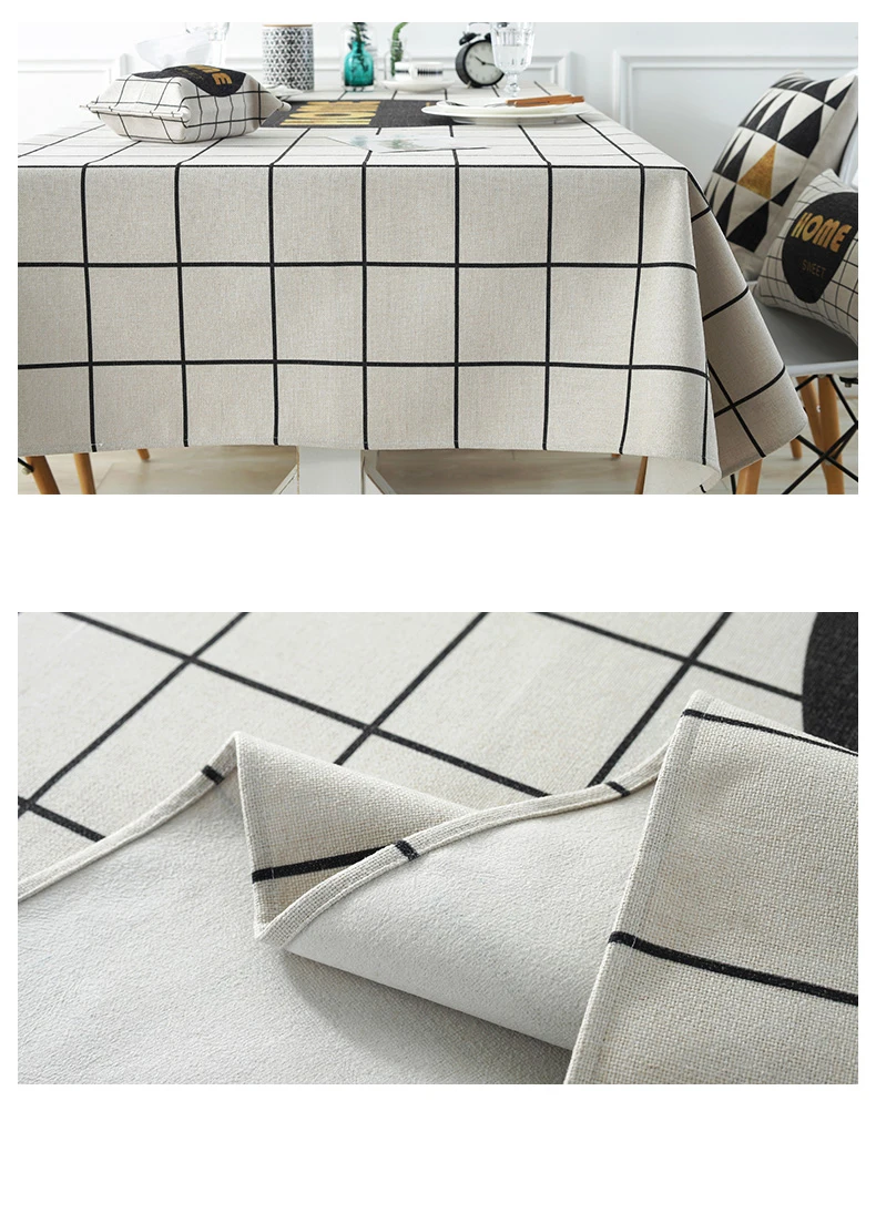 Simple eco Nordic black white plaid soft cotton and linen tablecloth