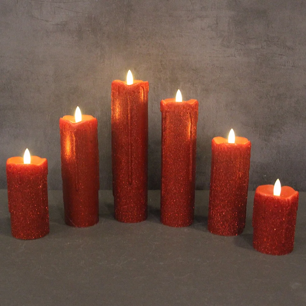 Pack 6 For Christmas Fevstivals Real Wax Red Glitter With New Black Wick Dripping Effect Battery Operated LED  Flameless Candle