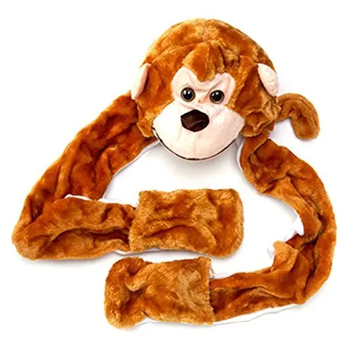 Boy Girl Toddler Plush Animal Warm Hats Beanie with Paws, Long Mittens - Monkey