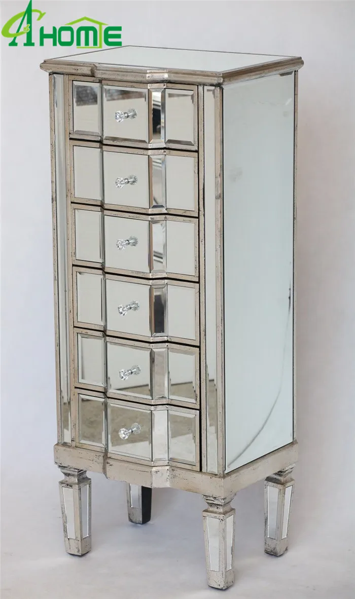 Glass Mirrored Silver Tall Boy Chest Of 7 Drawers Cabinet Buy