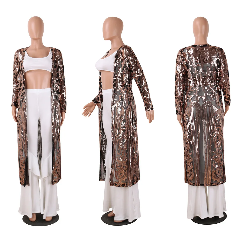 2019 new dresses hot style in Euramerica sexy sequins decoration see-through cardigans lace mesh embroidery long skirt