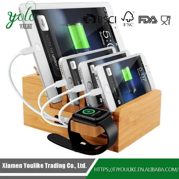 Multi Devices Desktop Organizer Dock Bamboo Charging Station With