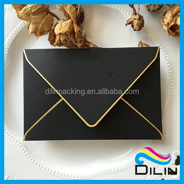 Customized high-end luxury 250gsm black cardstock paper envelopes printed  with gold logo paper envelopes