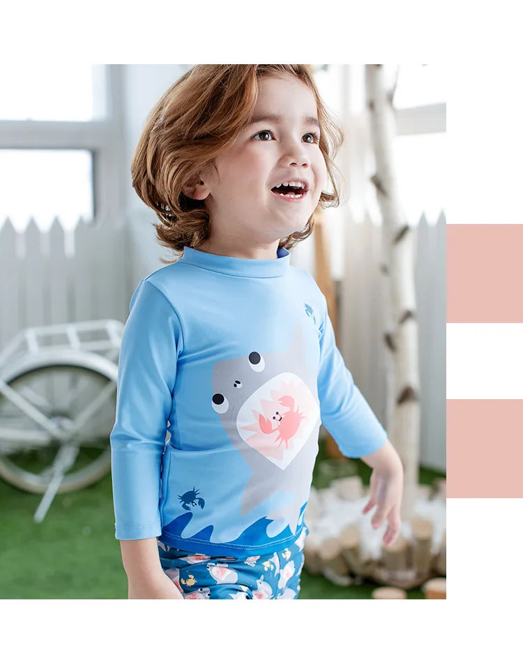 Custom Cute Two Piece Kid Swimsuit With Cap Child Baby Boy Swimwear