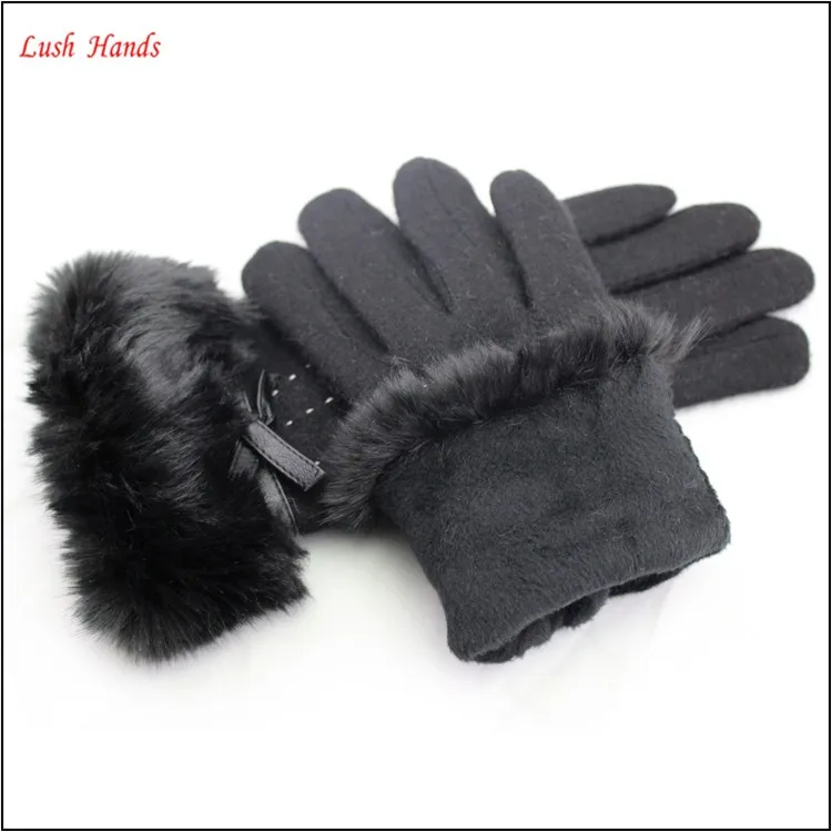 women woolen cheap hand gloves winter dress gloves with black fake fur