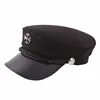 Wholesale Korea Style Fashion Unisex Black Woolen Flat Top Captain Student Hat with PU Leather Brim