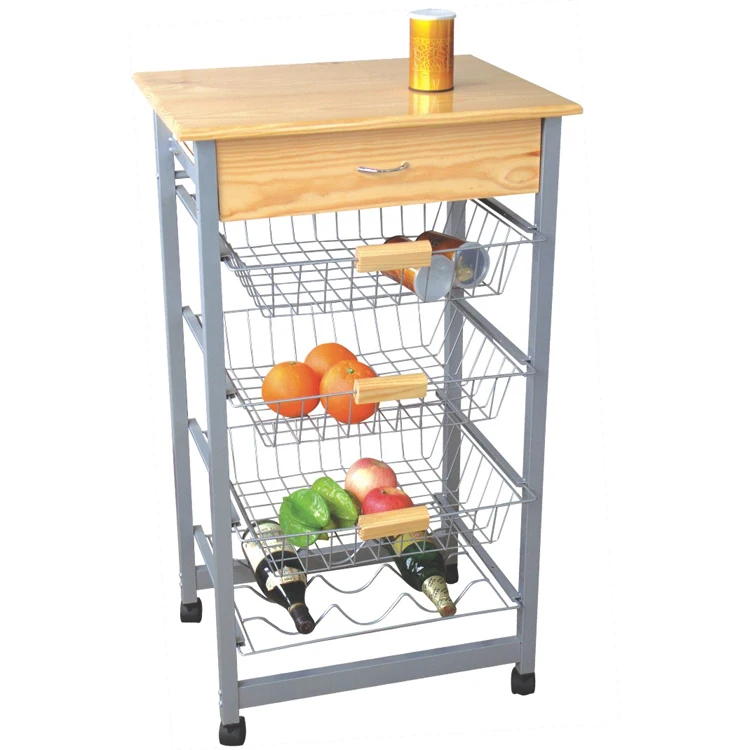 Hot Sales Pine Wood Kitchen Trolley With Baskets Buy Kitchen