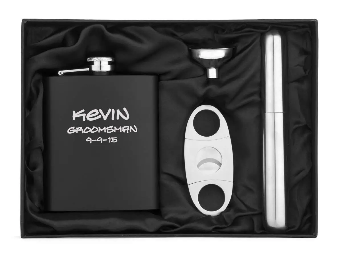 Engraved 7oz Matte Black Stainless Steel Hip Flask, Funnel, Cigar Holder & Cutter Custom Personalized