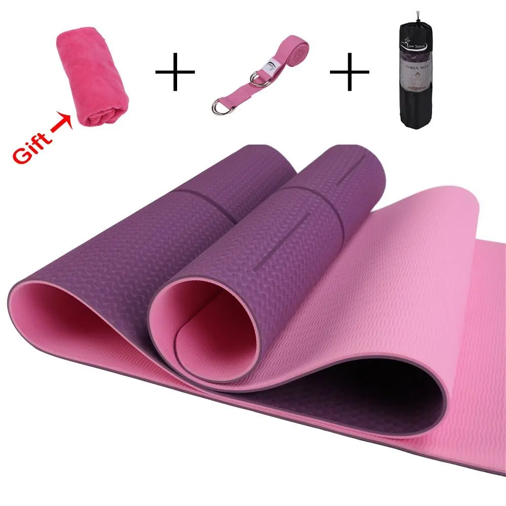 Hot Yoga Mat Set by Low Sport - 100% TPE Yoga Mat, Strap & Carrying Bag + Free Bonus Yoga Hand Towel. Non Slip, Eco-Friendly,Super Elastic,Yoga Mats For Women & Men, Alignment Line-Blue,Pink,Turquoise