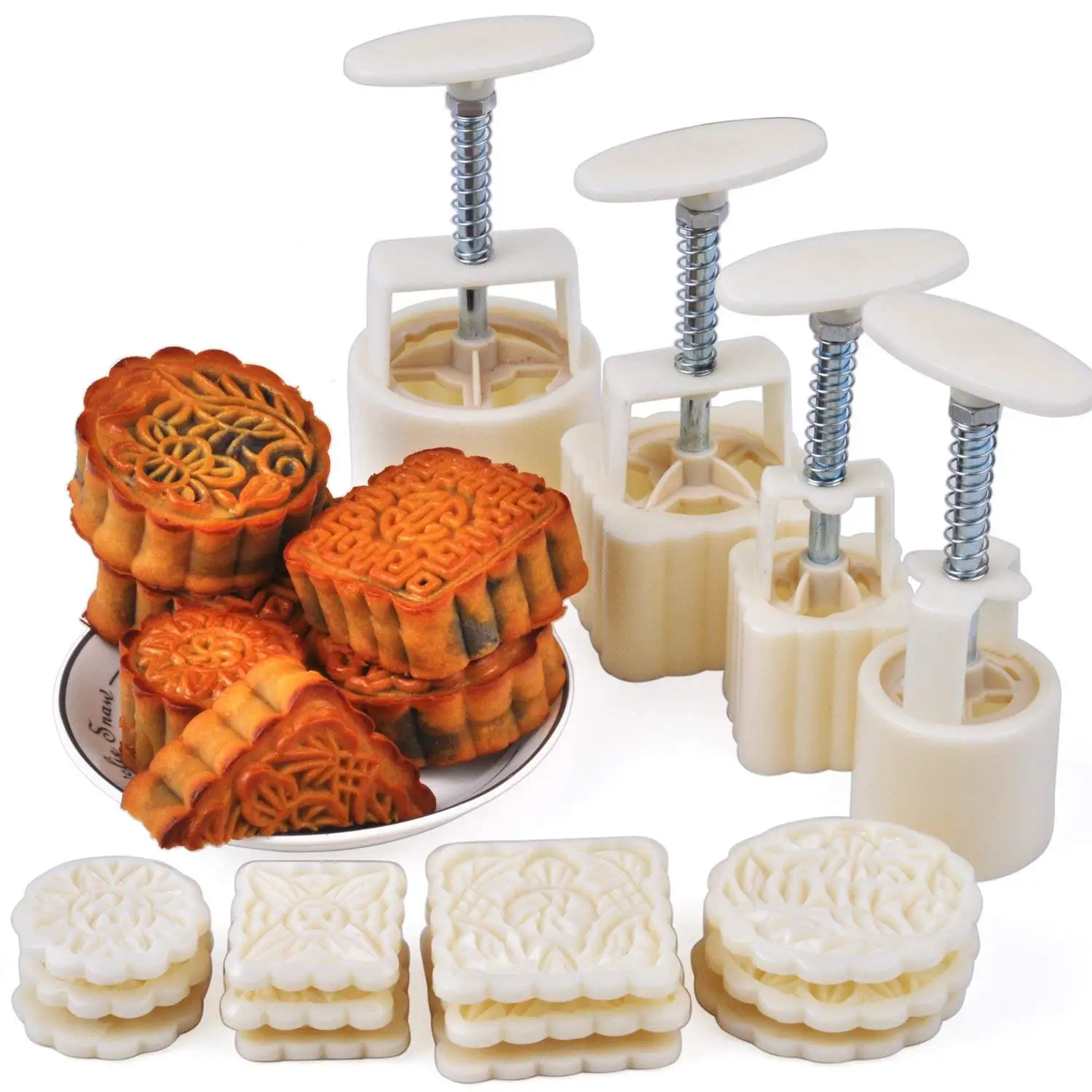Moon Cake Mold,Laxury Hand-Pressure Moon Cake Biscuit Mold Cookie Cutter Mould 4 Sets with 12 Flower Stamps