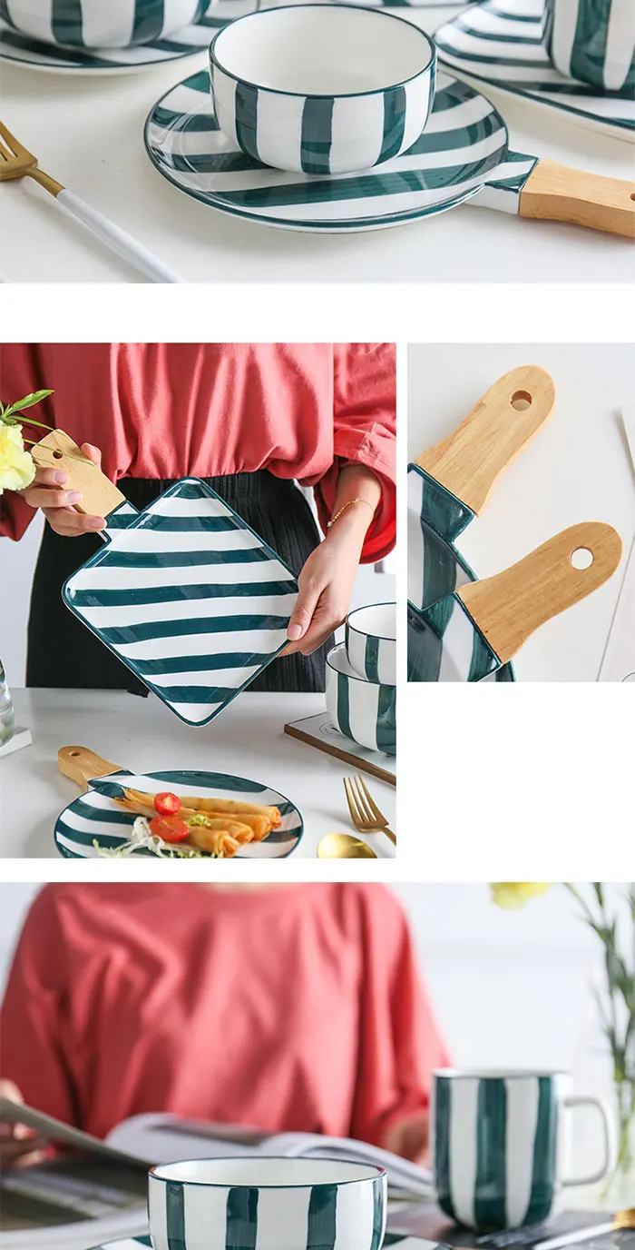 Green stripe series Nordic hand painted ceramic dinnerware Chinese and western plate set mug