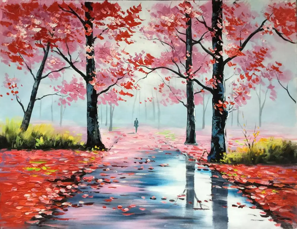 Lukisan Alam Buatan Tangan Pohon Daun Merah Romantis Buy Handmade Nature Painting Red Leaves Tree Road Painting Romantic Handmade Painting Product On Alibaba Com