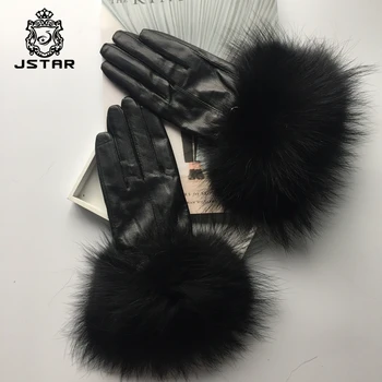 ladies leather fur gloves