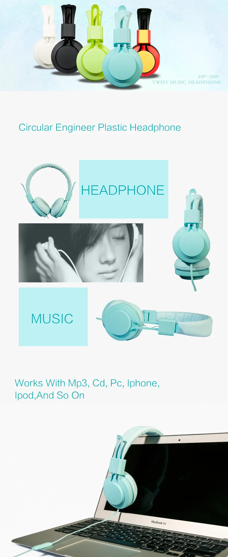 flexible private design wired over head colorful fashion music headphone with in line mic