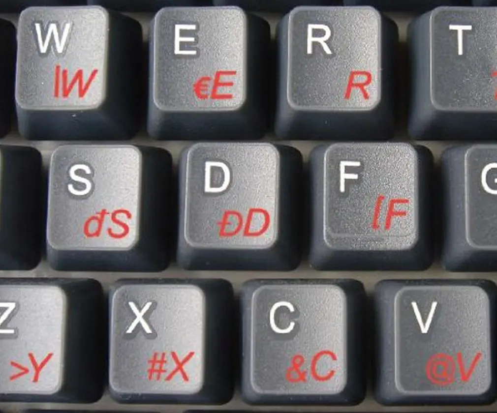 WELSH KEYBOARD STICKERS WITH RED LETTERING ON TRANSPARENT BACKGROUND