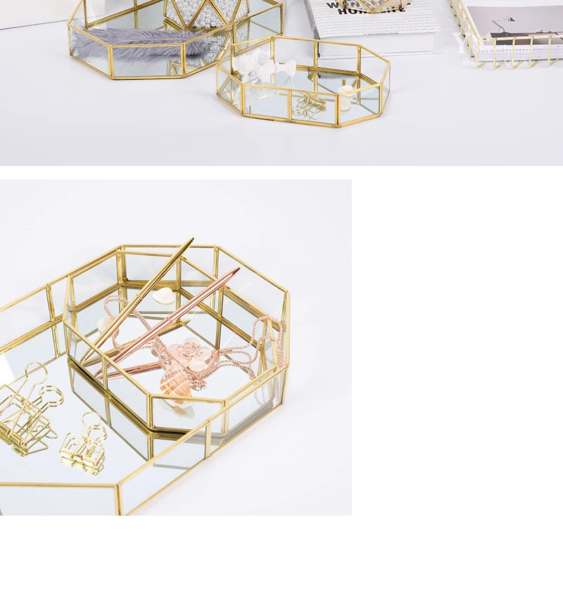 metal Storage Tray Golden Polygon Glass Makeup Organizer Tray Dessert Snack Plate Jewelry Display Stand Home Kitchen Decor