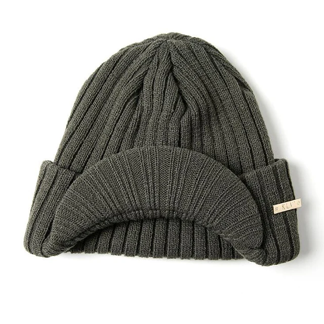 Men's Winter Wool Flat Visor Brim Crochet Beanie Hat Knitted Ski Winter