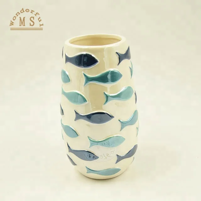 Elegent Glazed Pacific Ocean Fish Design Thin  flower vase blue bud vase 3D relief design small vase ceramic material  ceramic