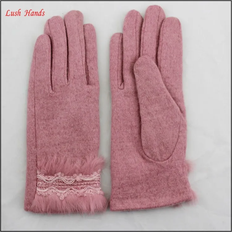 2016 hot sale woolen gloves with rabbit fur polyester lining