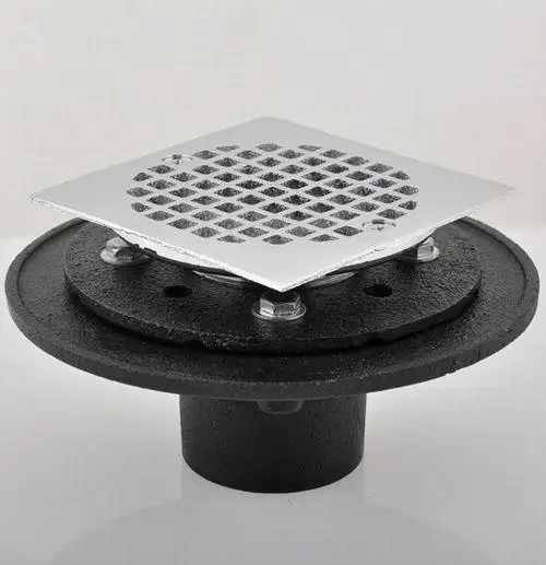 NO hub shower drain with 4 1/4 square brass strainer CP, View NO hub