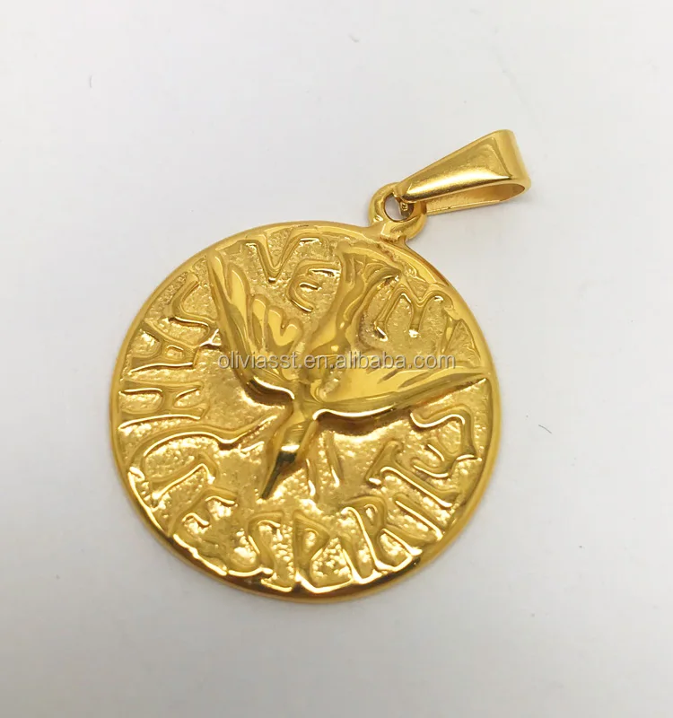 Espiritu Santo Pendant 18k Gold Plated Medal with 18 inch Chain Holy Spirit Dove Heart Medal Espiritu Santo Pendant 18k Gold Plated Medal with 18 inch Chain Holy Spirit Dove Heart Medal