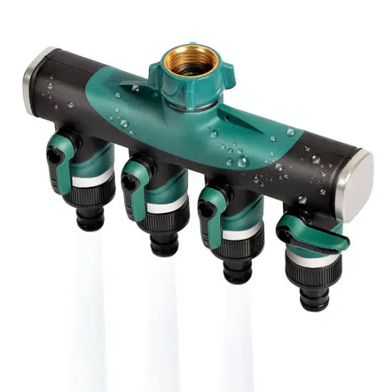 Metal 4-way garden hose splitter with valve
