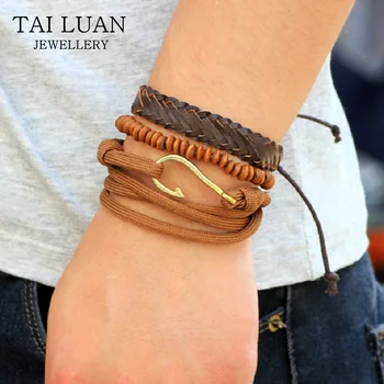 Fashion Accessories Mens Wooded Beads Leather Bracelets Bangles Fashion Accessories Mens Wooded Beads Leather Bracelets Bangles Sets Multilayer Braided Wristband