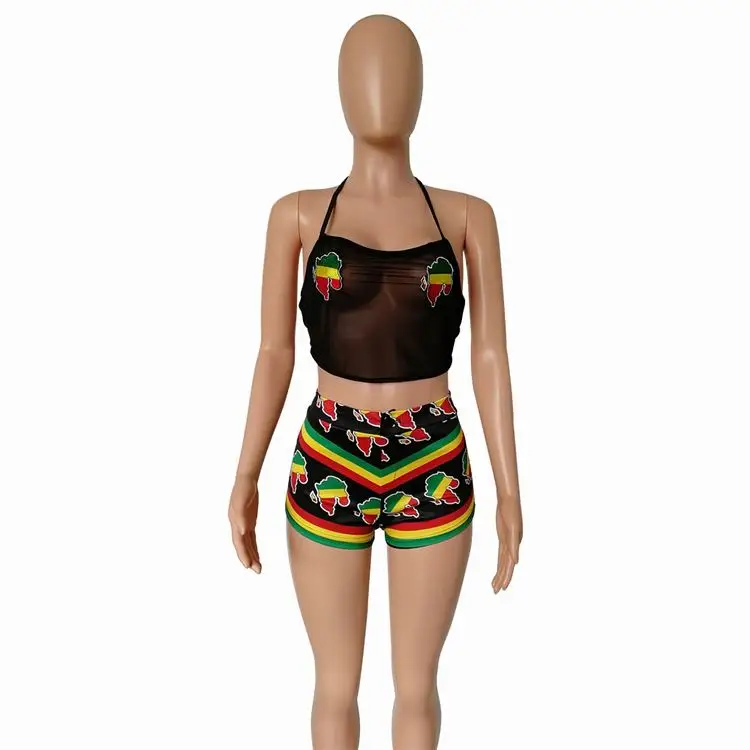 Women Swimwear Traditional African Print Bandage Push-up Bikini Bathing Suit Swimming Black Mesh Top and Print Shorts