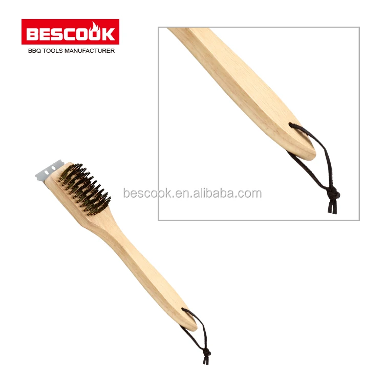 2 In 1 Brass Wire Wood Handle Bbq Grill Brush With Scraper Buy Bbq