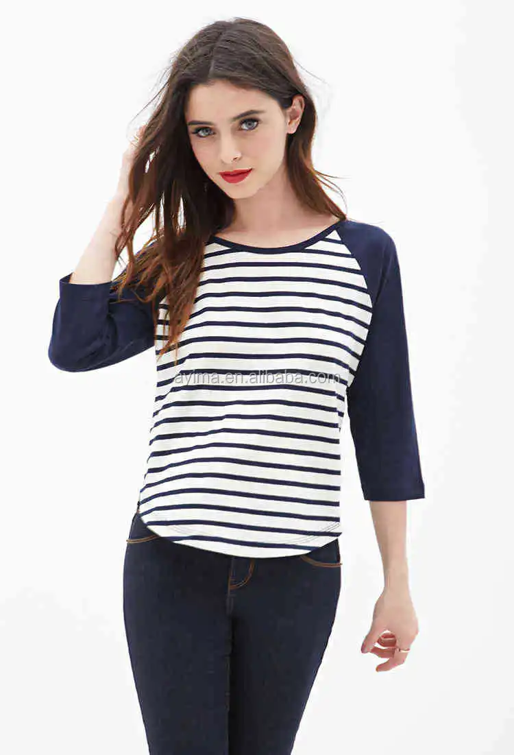Oem Woman Baseball T Shirt Navy White Striped Raglan Three Quarters