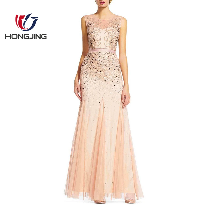 Women Wear Beaded Illusion Neck Sleeveless Gown Nylonback Zipper Boat Neckline V Back Intricate 1267