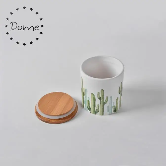 Kitchen Counter Cactus Printed Ceramic Canister With Bamboo Lid Buy