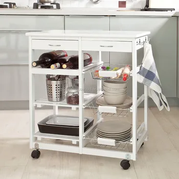 Space Saving Solid Wood Kitchen Trolley Includes Wine Rack 3 Wire