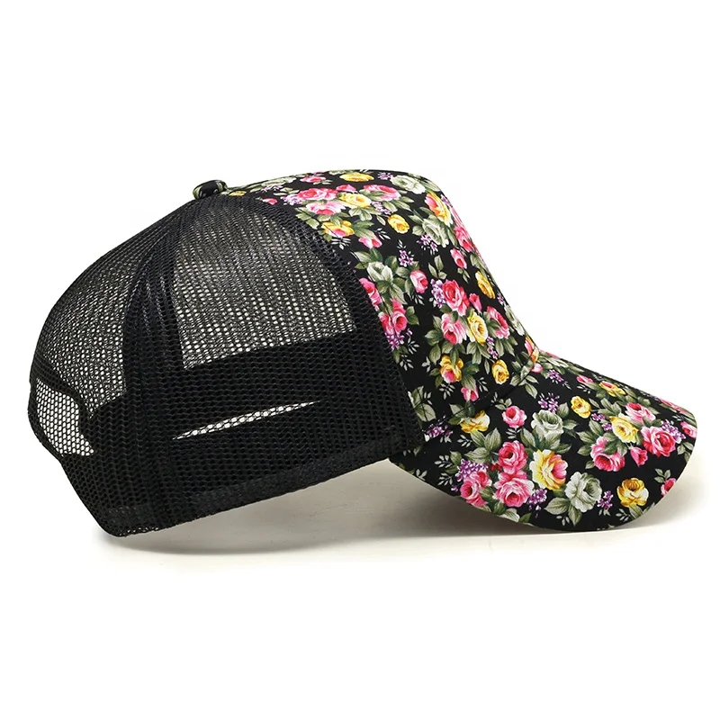 Custom Logo Plain Black Cotton Floral Mesh Sports Trucker Hats Caps