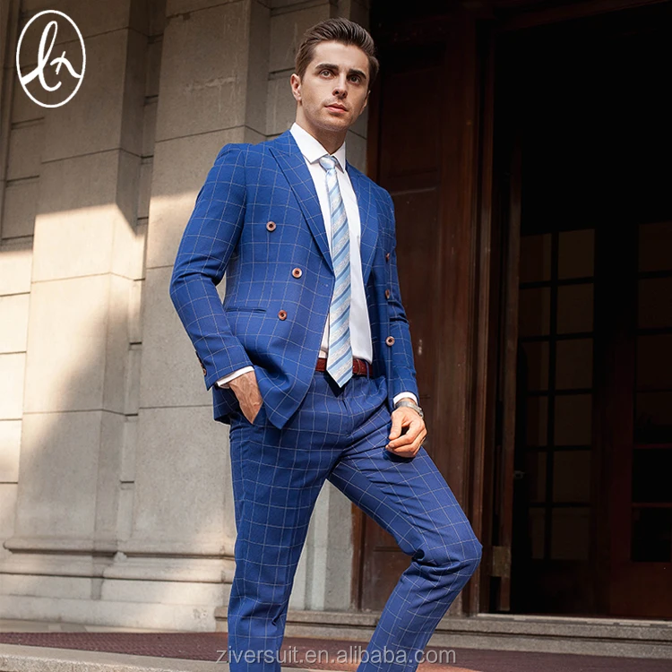 In Stock Latest Design Leisure Blue Plaid Coat Pant Men Suit Buy In