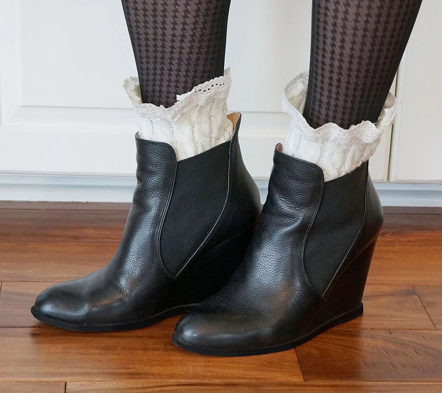 Boot Cuffs: Cable Knit and Lace Toppers for Boots, Boot Socks, Boot Cuff, Leg Warmers (One Pair) (Cream)