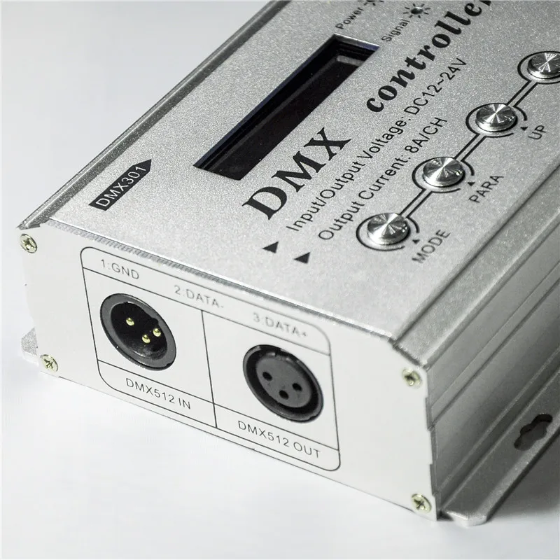 DMX301 low voltage DMX led controller (with LCD display);DC12~24V input;Output current:8A*3channels,power: 12V:<144W, 24V:<288W